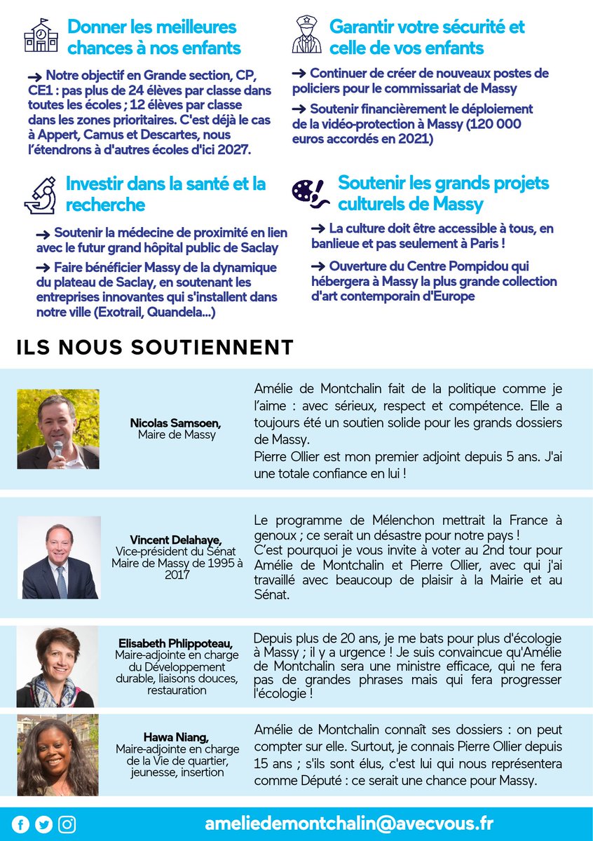 À #Massy, votre maire me soutient car j'agis depuis 5 ans à ses côtés et que je présente aujourd'hui un projet crédible.

Parmi nos priorités pour Massy :

🚉 Un plan d'urgence pour les RER B et C

👮‍♂️ Continuer à agir pour garantir votre sécurité et celle de vos enfants.