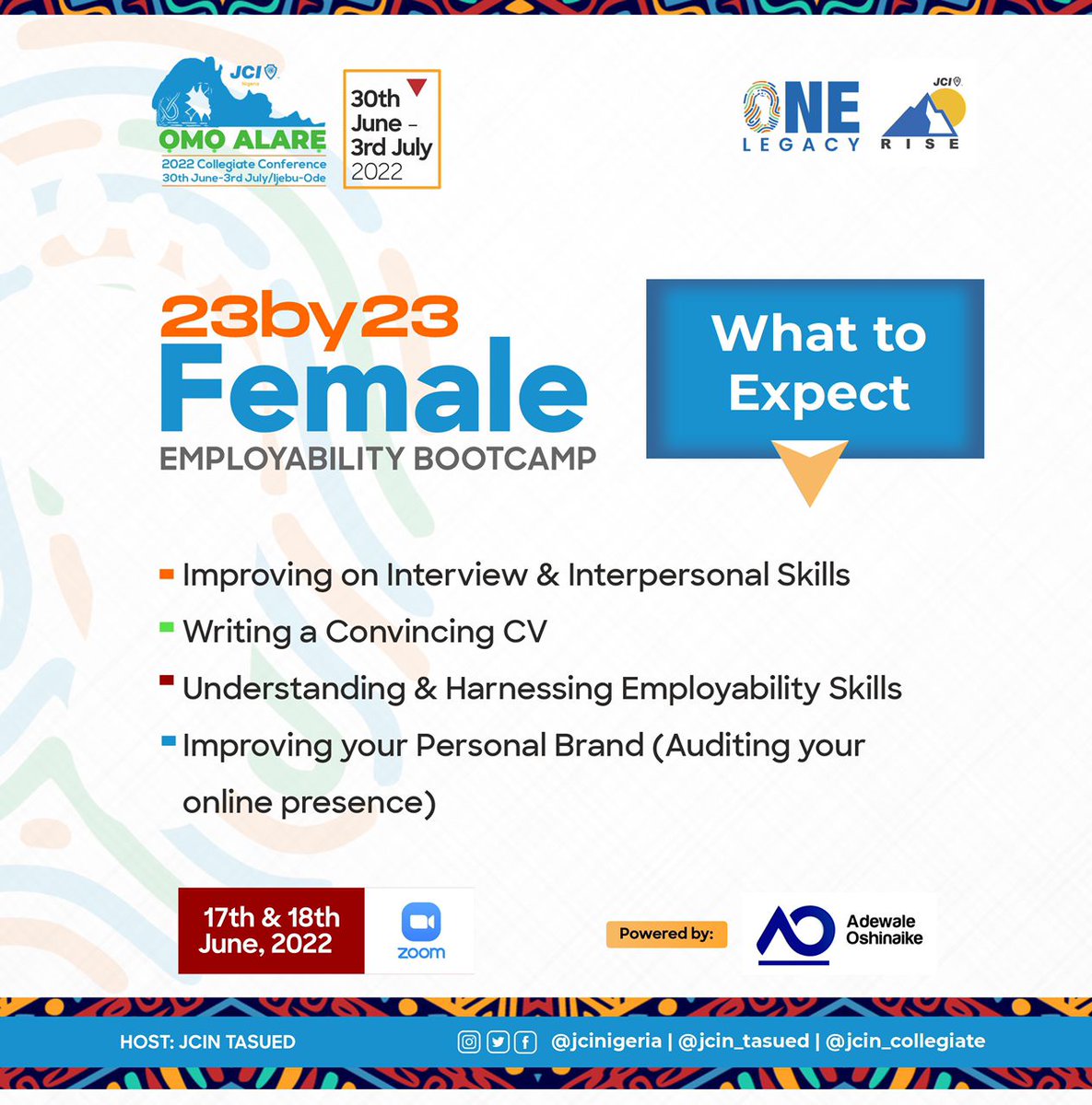 👩‍🦳👩‍🦳👩‍🦳 *23by23 FEMALE EMPLOYABILITY BOOTCAMP*  👩‍🦳👩‍🦳👩‍🦳

_Becoming the Employable Female Youth_

The session is about to begin and I am looking forward to learn, unlearn and relearn.

#Àwa_ní_Ọmọ_Alárè
#ỌmọAlárè
#JCI
#JCINigeria
#ONELegacy
#JCINCollegiate
#JCINTASUED