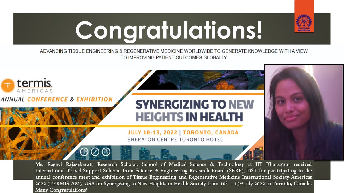 IITKgp's tweet photo. Congrats Ragavi Rajasekaran, Research Scholar #RMSoEE @IITKgp for receiving International Travel Support Scheme from @serbonline @IndiaDST for @TERMISAM from 10–13 JUL 22 in Toronto, Canada

@EduMinofIndia @dpradhanbjp @Drsubhassarkar https://t.co/u67AdoNlIL