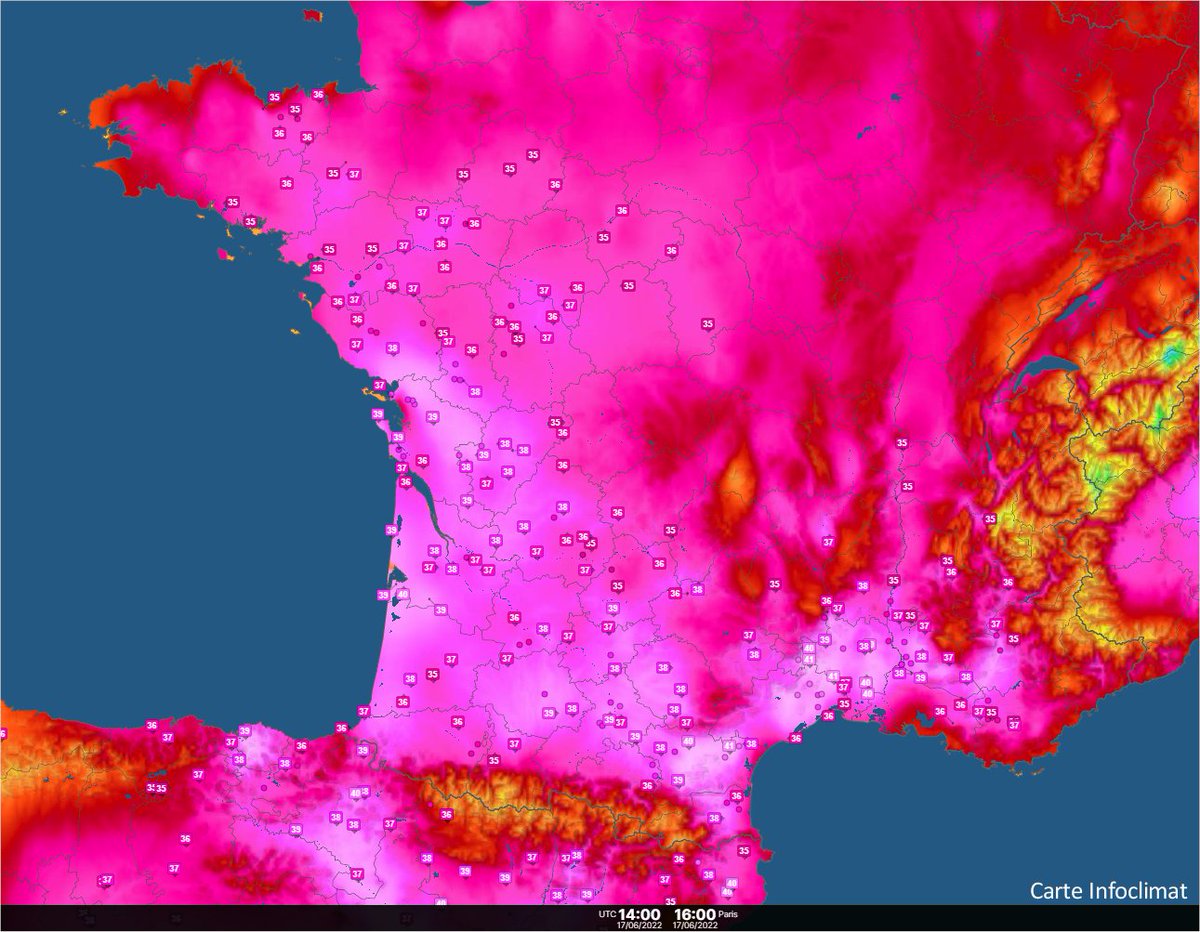 A 16h, il faisait + de 35°C sur l'ouest & le sud-est du pays. 40°C franchi à #Nîmes, approchés à #Carcassonne, Saintes ou Cazaux. 
Localement 41/42°C dans le Minervois ou la vallée du Vidourle (certaines stations mal exposées surchauffent). #canicule 
Carte > 35°C via @infoclimat 