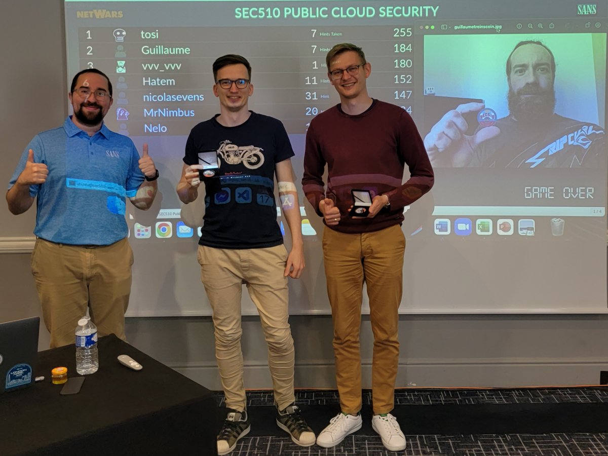 Congratulations to <a href="/TSiaulys/">Tomas Šiaulys</a>, Guillaume Treins, and Vitalij Veklenko for winning the challenge coin for #SEC510 at <a href="/SANSInstitute/">SANS Institute</a>  Paris June 2022. There were so many high scores, and Tomas got the highest score of all-time! <a href="/SANSCloudSec/">SANS Cloud Security</a> #SANSParis #ItDepends #Sirens #Pikawho