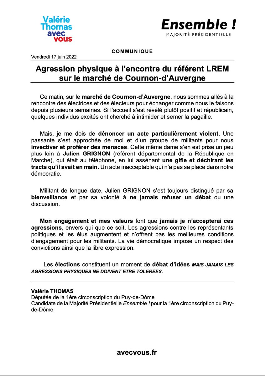 Ce matin, sur le marché de Cournon, le référent @LREM63, <a href="/JulienGrignon/">Julien Grignon 🇫🇷🇪🇺</a>, a été agressé. 
La violence, qu’elle soit physique et/ou verbale, n’a pas sa place en démocratie.

Retrouvez mon communiqué ⬇️