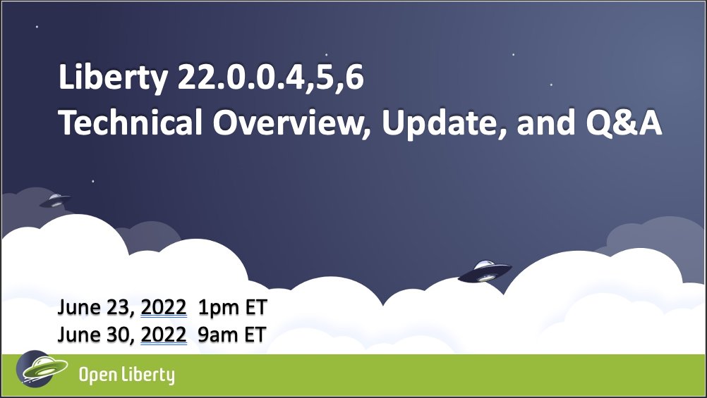 Join us to learn about the many new enhancements in <a href="/OpenLibertyIO/">openlibertyio</a> &amp; #WebSphere #Liberty versions 22.0.0.4,5,6 for #Cloud-native #Java application development and deployment. ibm.biz/BdPEzU