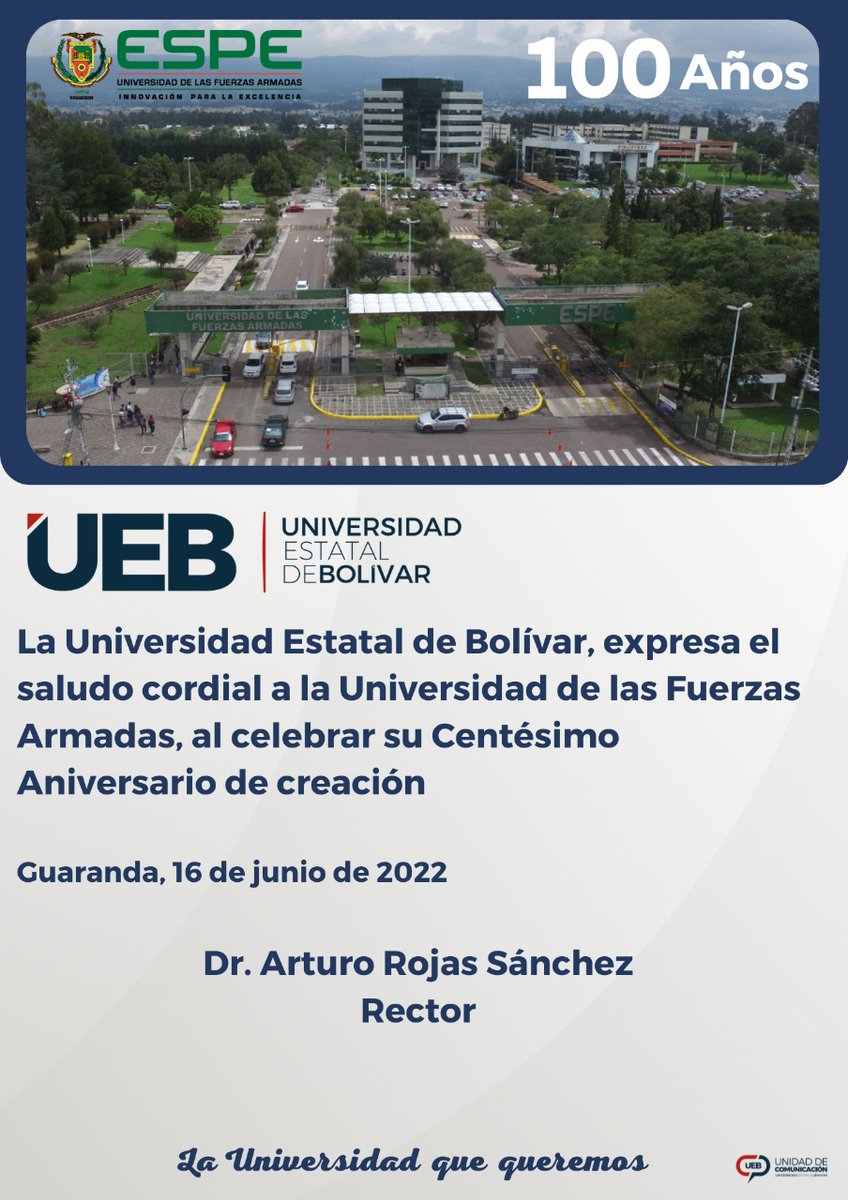 ueboficial_ec's tweet photo. La Universidad Estatal de Bolívar, saluda a la fraterna Universidad de las Fuerzas Armadas, al celebrar su aniversario de creación. Felicidades!!! https://t.co/TOKwEAerNe