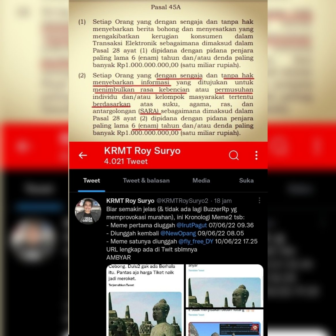 Artinya, dalam kasus ini Roy Suryo tidak bisa lepas tanggung jawab begitu saja.

Roy Suryo harus tetap bertanggung jawab, karena dengan sengaja dia sudah "turut ikut serta" menyebarluaskan konten (meme) yang memicu kegaduhan.

#TangkapRoySuryo