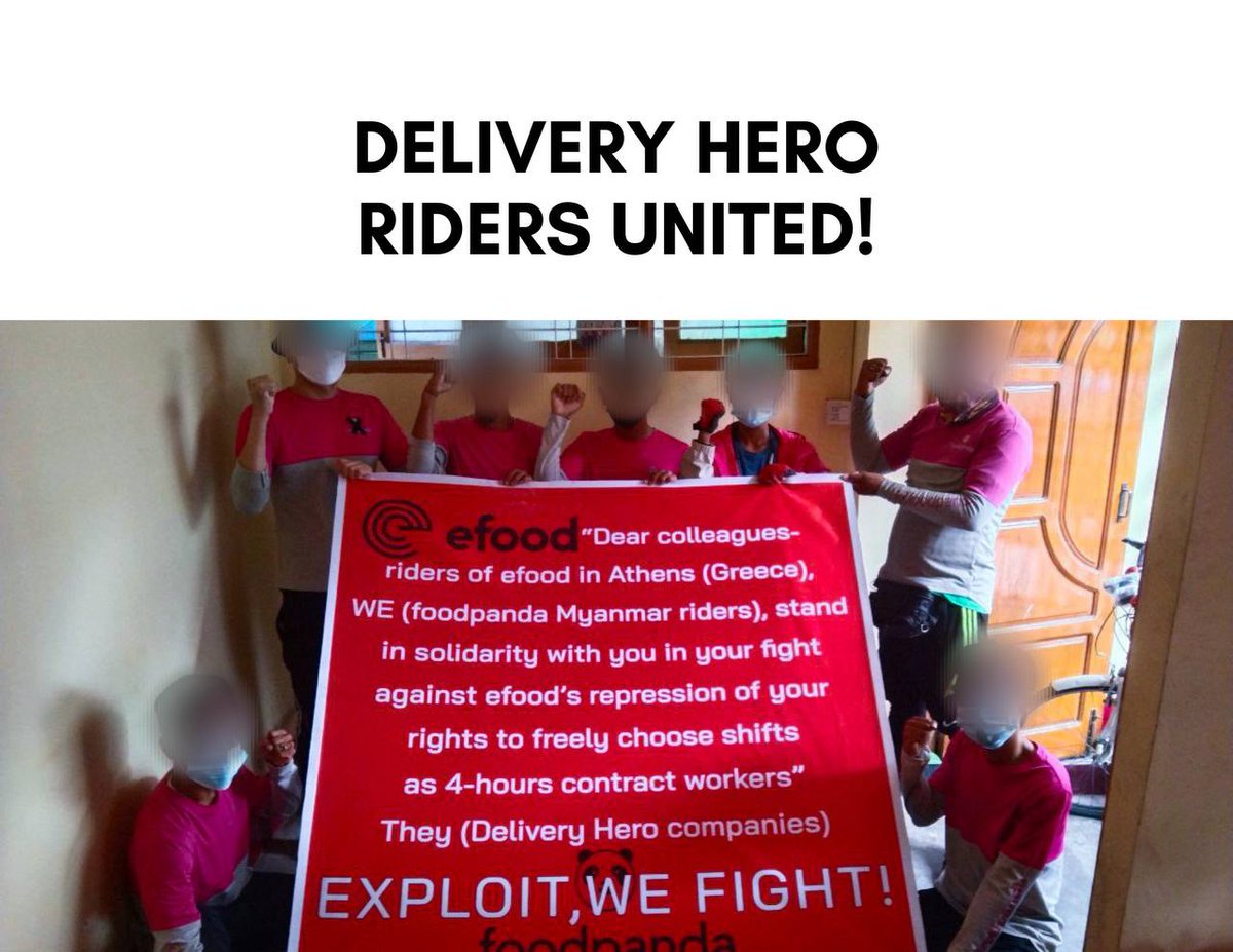 lucapetsolo's tweet photo. The struggles of our class worldwide have the potential to overcome borders and bring down giants (#DeliveryHero).

The solidarity of our colleagues in strike in Myanmar against #foodpanda gives us the strenght to never stop fighting. 

#BoycottFoodpanda
#DeliveryHeroRidersUnited https://t.co/9TVZG9r53d