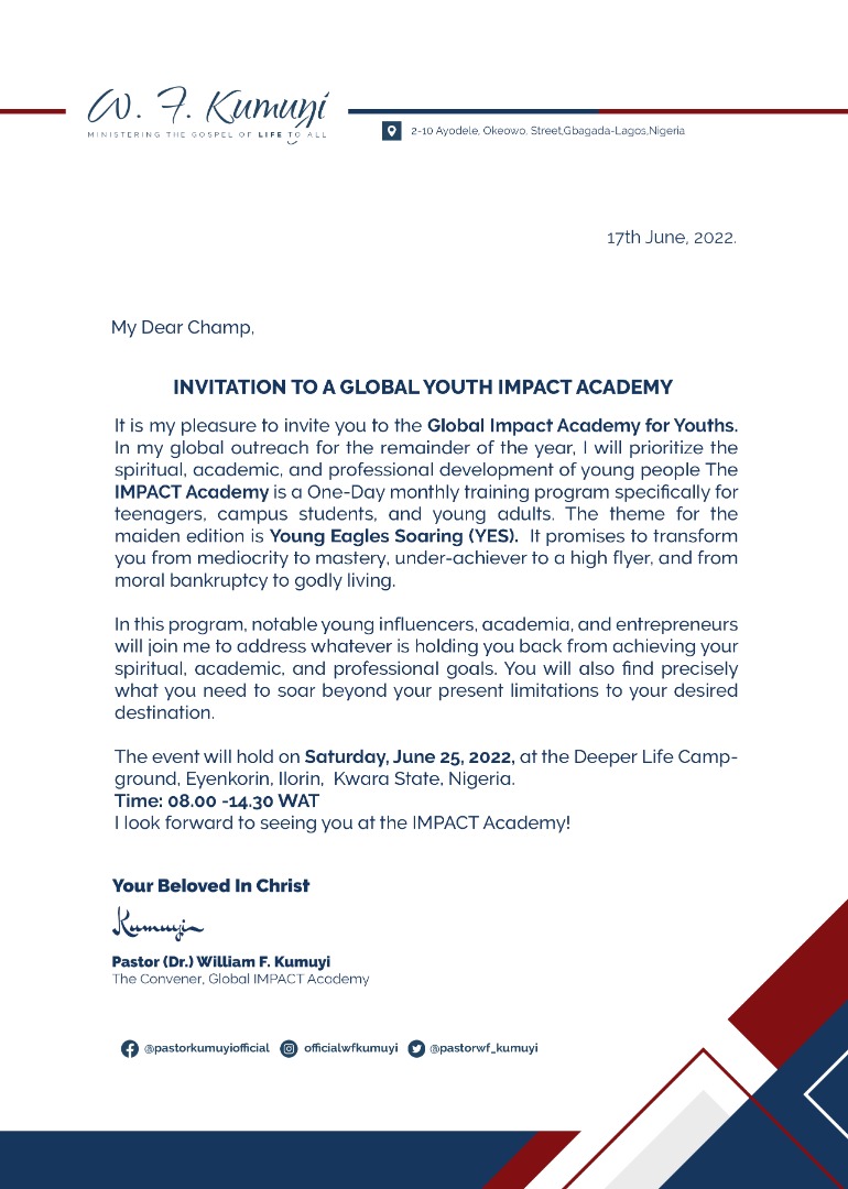 DCLMAbiaOnline's tweet photo. A special invitation by God's servant, @pastorwf_kumuyi to the Impact Academy happening in Ilorin, Kwara State.
The Young Eagles Soaring (YES)!
Come join us and soar like the eagles.
#GCK2.0
#globalcrusadewithkumuyi
#ImpactAcademywithKumuyi https://t.co/3aPRMoJ4aO