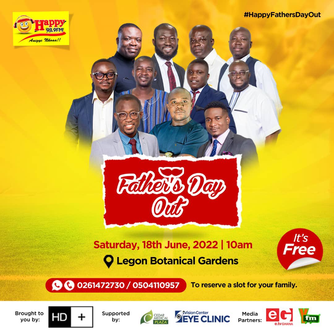 Come have fun with your favorite  On-Air Personality at the Legon Botanical Gardens, this Saturday, 18th June 2022. It's the #HappyFathersDayOut🥳🥳 in partnership with <a href="/hdplusghana/">HD PLUS GHANA</a> and <a href="/etvghana/">e.TV Ghana</a>. Attendance is “FREE” but call now to reserve a slot for your family. 💃🏾