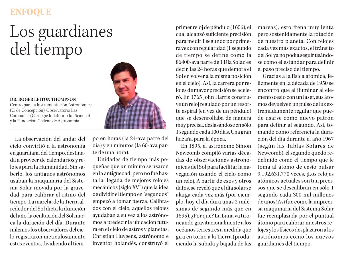 rleitonth's tweet photo. 🔭🔬Columna de Astronomía #60: esta semana es sobre la precisión de nuestros relojes usando el cielo y el átomo. 
⏰ "LOS GUARDIANES DEL TIEMPO"
📡 ¡Gracias por leer y compartir!  😀 https://t.co/DFrHhQZdzr