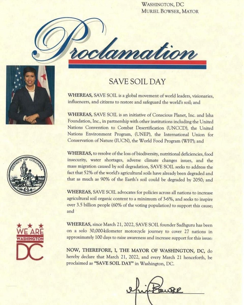 sacredbalance's tweet photo. Thank you @MayorBowser for declaring March 21 as the #SaveSoil Day in Washington D.C. Together we will secure the wellbeing of our future generations #FoodSecurity #Desertification @UNCCD @POTUS @VP @BarackObama @cspanwj @cspan @60Minutes @CNNnewsroom @IAmAmnaNawaz @JudyWoodruff https://t.co/xcWvirJOhD