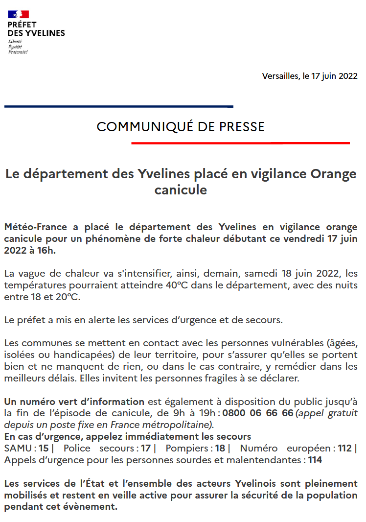 Prefet78's tweet photo. #Canicule 
@meteofrance a placé le département des #Yvelines en vigilance Orange canicule.
ℹ️Les services de l'État et l'ensemble des acteurs Yvelinois sont mobilisés &amp; restent en veille active.
👉 Suivez les recommandations https://t.co/jvt607wNf9 https://t.co/EwQdp6UtKM