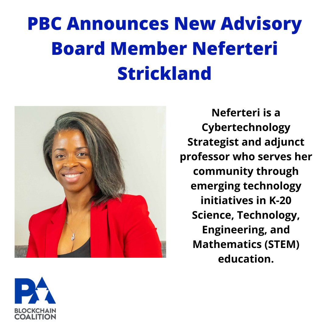 pa_blockchain's tweet image. PBC is proud to have Neferteri Strickland join our Advisory Board. Learn more about her and our other Board members by visiting us at pablockchain.org