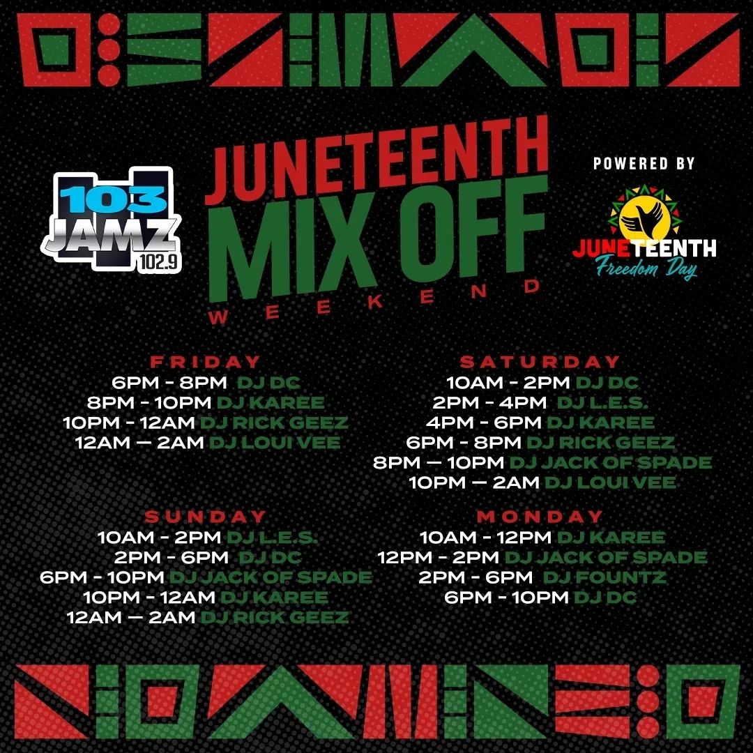 It kicks off at 6pm! Let #103JAMZ be the soundtrack  to your celebration this #Juneteenth weekend with <a href="/djdc757/">DJ DC 💰🤙🏾🥃</a> <a href="/djrickgeez/">DJ Rick Geez</a> <a href="/757jackofspade/">DJ JACK OF SPADE</a> <a href="/djfountz/">dj fountz</a> <a href="/louiveemydj/">DJ LOUI VEE</a> + special guests <a href="/dj_les/">Vladymyr Lisovenko</a> &amp; <a href="/djkaree/">DJ Karee</a> on your radio &amp; anywhere on #iHeartRadio 
Listen now: ihr.fm/3lX0gQZ
