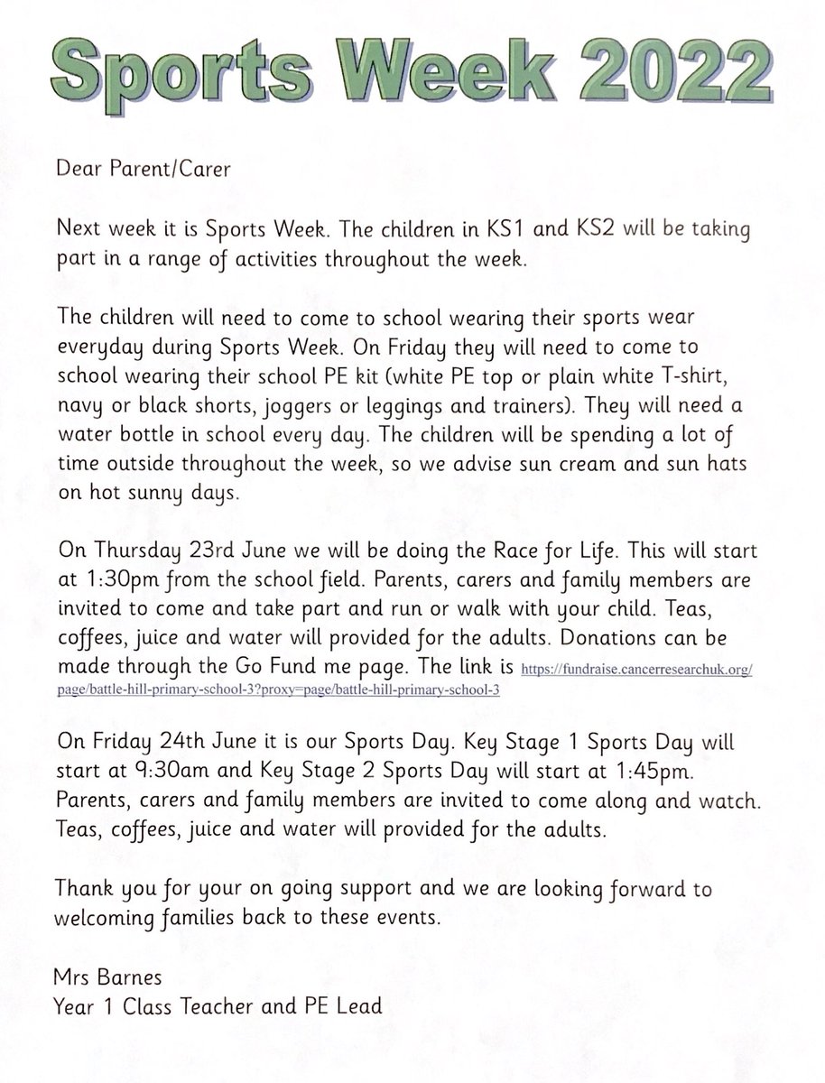 We are looking forward to a week of sport next week.
<a href="/BattleHillPS/">Battle Hill Primary</a>