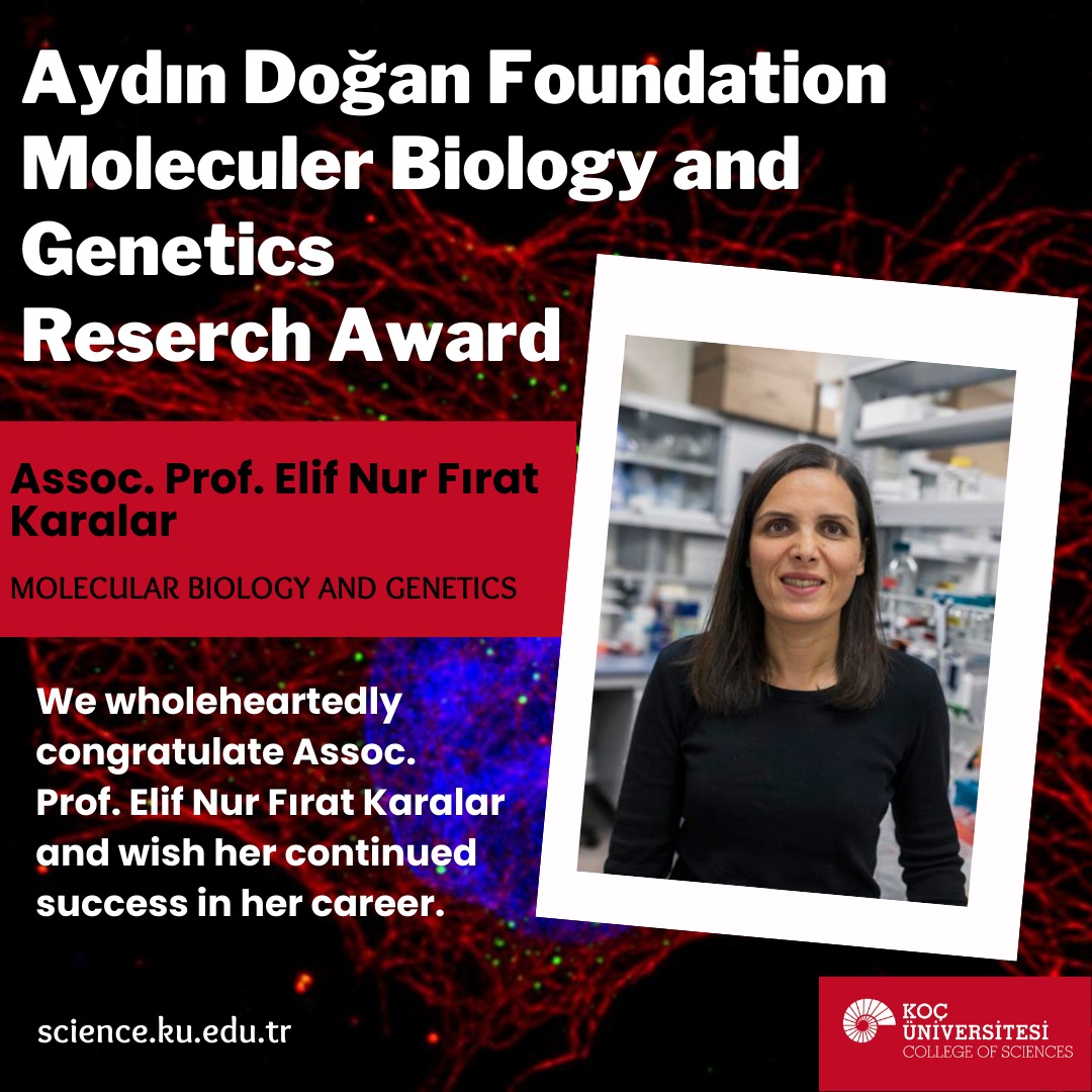 KocSciences's tweet photo. Assoc Prof Elif Nur Fırat Karalar from Molecular Biology and Genetics Department has received "Aydın Doğan Foundation Moleculer Biology and Genetics Reserch Award".
We wholeheartedly congratulate to Assoc. Prof. Elif Nur Fırat Karalar! #KuScience https://t.co/oKp3wbOGRw