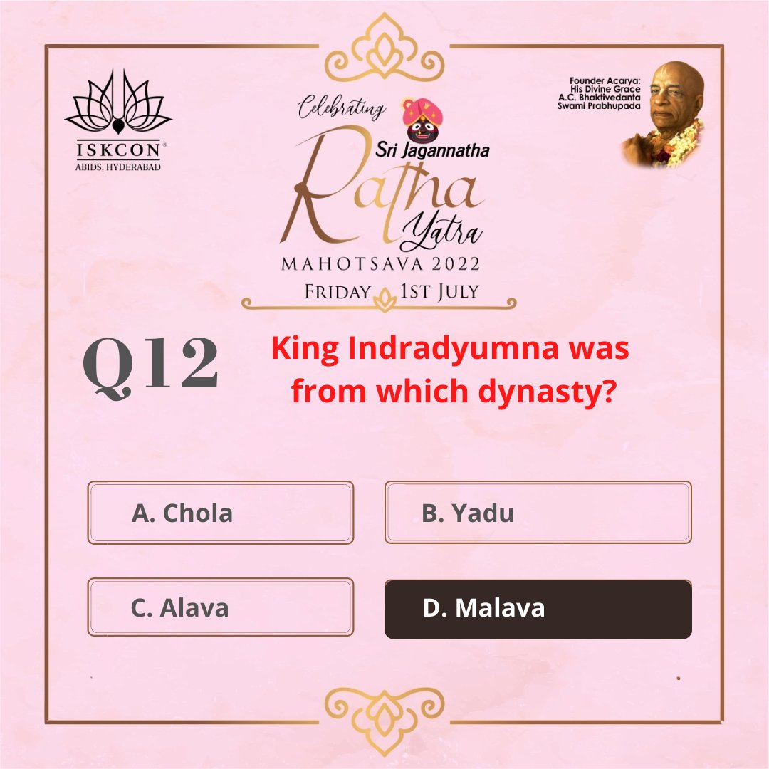 ISKCONHyderabad's tweet photo. 𝑲𝒏𝒐𝒘 𝒆𝒗𝒆𝒓𝒚𝒕𝒉𝒊𝒏𝒈 𝒂𝒃𝒐𝒖𝒕 𝑱𝒂𝒈𝒂𝒏𝒏𝒂𝒕𝒉 𝑹𝒂𝒕𝒉 𝒀𝒂𝒕𝒓𝒂 .
 
Quiz:
Answer to Question No- 12

#hyderabad #rathyatra #jagannathrathyatra #hyderabadrathyatra #iskcon
#festivalofindia #sanatanadharma #festivalsofiskcon #spiritualritual #congregationalfestival https://t.co/UCyC9DpMa1