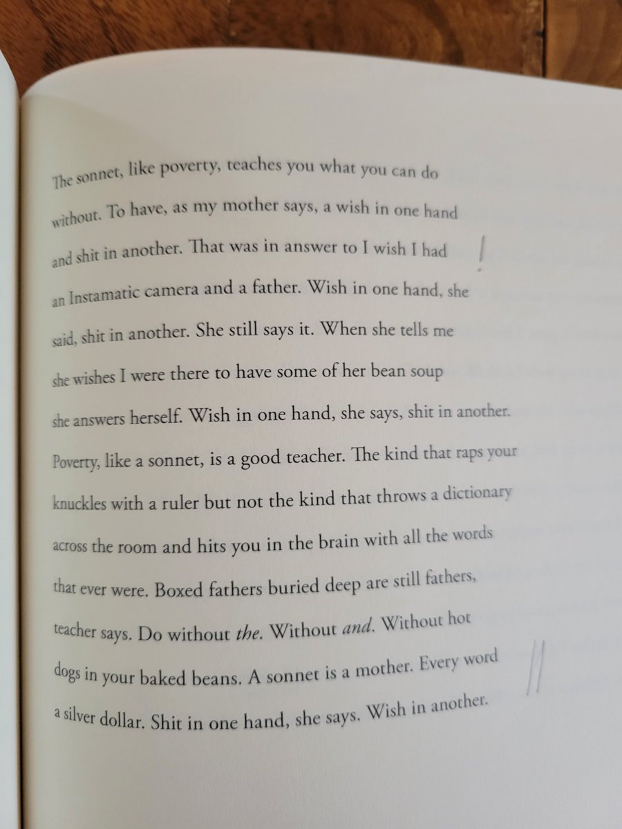 Gach_Zoldberg's tweet photo. "A sonnet is a mother. Every word / a silver dollar. Shit in one hand, she says. Wish in another."

@dlseuss in frank: sonnets https://t.co/8n4p8NUqMD