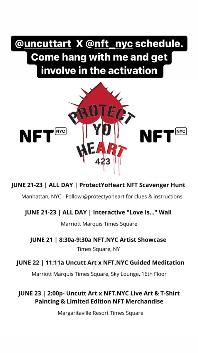 UncuttArt's tweet photo. 😳I jus received my 1st draft schedule for #NFTNYC2022 … hope to see Yu guys ther. I hav the early day activations at the Marriott. Come get involve … #repost yur schedule or what events Yu got poppin this week. #uncuttart #protectyoheart https://t.co/EIng0L7P9P
