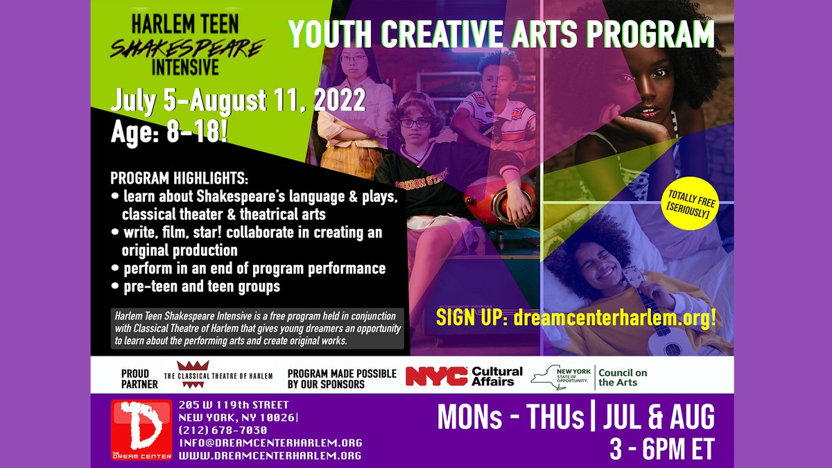 YD_FCBC's tweet photo. This summer marks the return of Harlem Teen Shakespeare Intensive to The Dream Center. This free theater arts program is open to youth 8 to 18 years old. HTSI starts July 5 so sign up now. Learn the full program details and register at https://t.co/3zVuGI4nip. https://t.co/tyPZBHGWfH