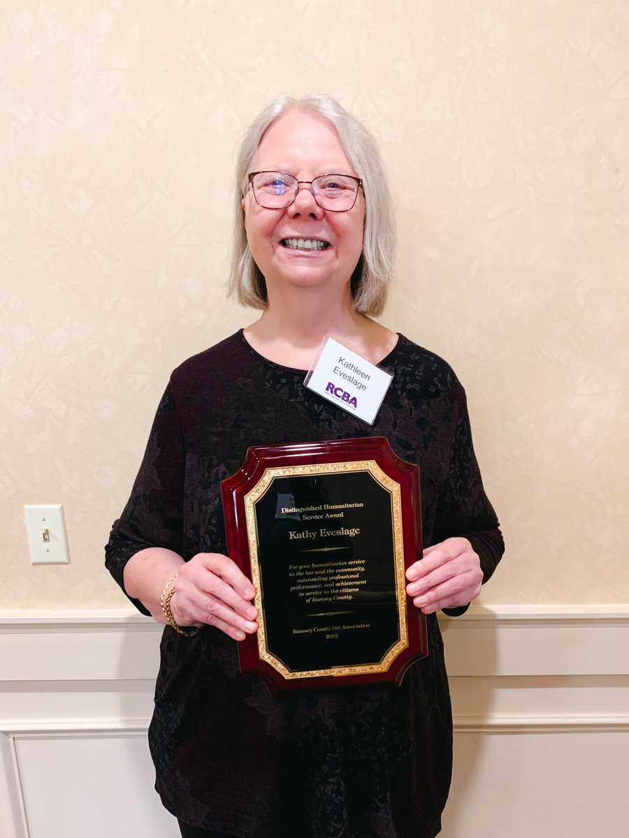 RamseyBar's tweet photo. At Wednesday’s Member Appreciation Day, the RCBA presented Kathy Eveslage with the 2022 Distinguished Humanitarian Service Award. Kathy has worked at SMRLS for over 30 years and has been champion of access to justice for the most vulnerable in our society! https://t.co/J4Yiac0xo3