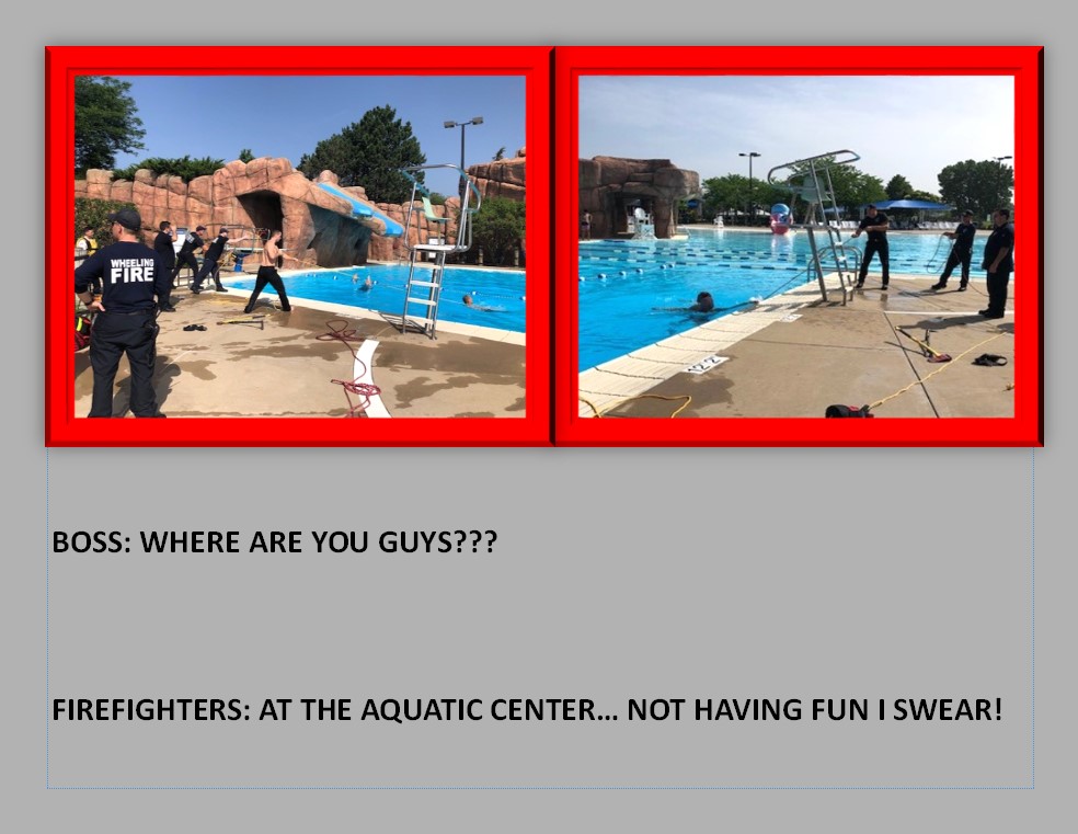 PoliceWheeling's tweet photo. Wheeling Firefighters training on water rescue/recovery techniques at the Wheeling Park District Recreation Center pool on a very warm day. 
#WheelingFD #firefighters #training #pool #summer https://t.co/ivLztcyQs7