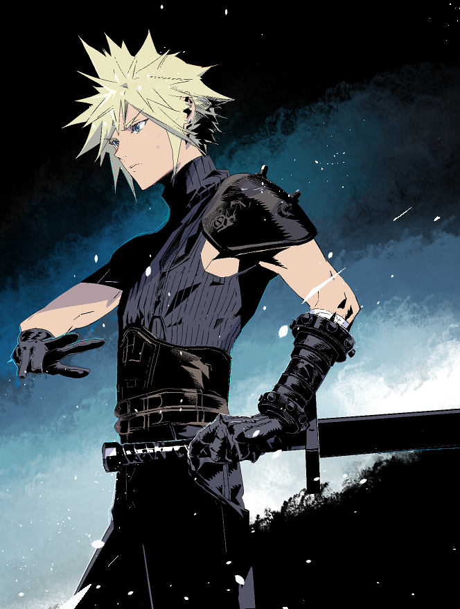 cloud strife 1boy male focus gloves solo blonde hair spiked hair weapon  illustration images