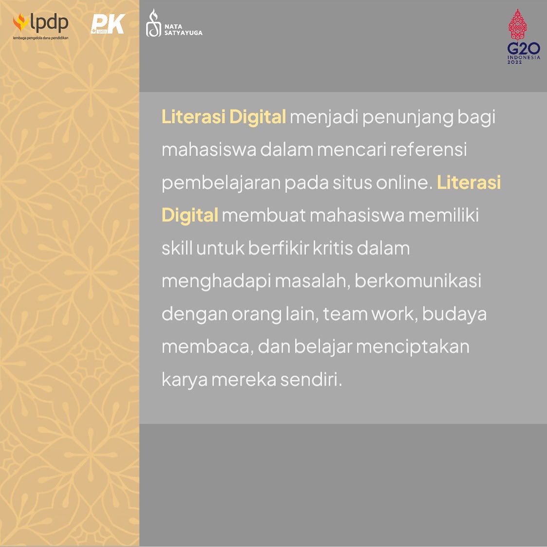 JojoButarbutar's tweet photo. Halo Natazens!

Kali ini kita akan membahas tentang ‘literasi digital’! 

Nah, literasi digital adalah pengetahuan serta kecakapan seseorang dalam memanfaatkan media digital, seperti alat komunikasi, jaringan internet dan lain sebagainya. Hal ini juga mencakup kemampuan https://t.co/DEKGUKHcgT
