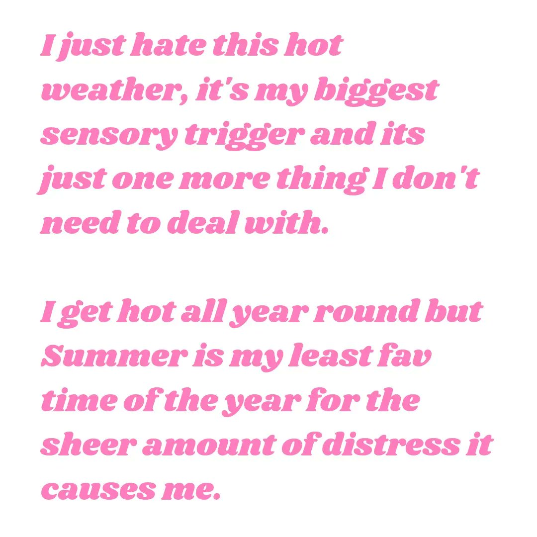 autistic_mind's tweet photo. Autism and heat ☀️
Anyone else's biggest sensory trigger heat? 
Can't wait till the temp drops to a more bearable 17 degrees tomorrow! https://t.co/GafplLTWi4