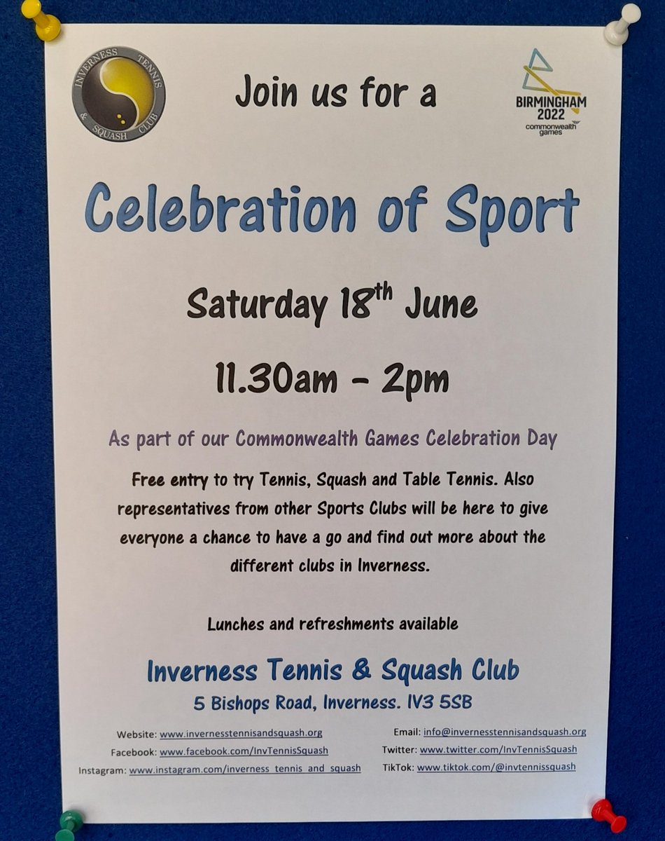 InvTennisSquash's tweet photo. Come and join us at Inverness Tennis and Squash Club for a Celebration of Sport tomorrow! #CommonwealthGames #Birmingham2022 #queensbatonrelay @Scottish_Squash @HighlandTable @TableTennisScot @birminghamcg22 https://t.co/R3wvhqIkG7