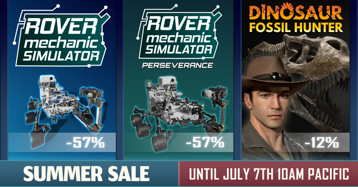 PyramidLab's tweet photo. Steam Summer Sale is here and that means discounts! 🏷️ 57% off #RoverMechanicSimulator & Perseverance DLC and 12% off #DinosaurFossilHunter for the next 2 weeks!
➡️ RMS: https://t.co/gLGQ1DbJEi
➡️ DLC: https://t.co/wH6lgZHPLs
➡️ DFH: https://t.co/BqE6ZjCOWp
#indiegame https://t.co/ZPwwSbmb1v