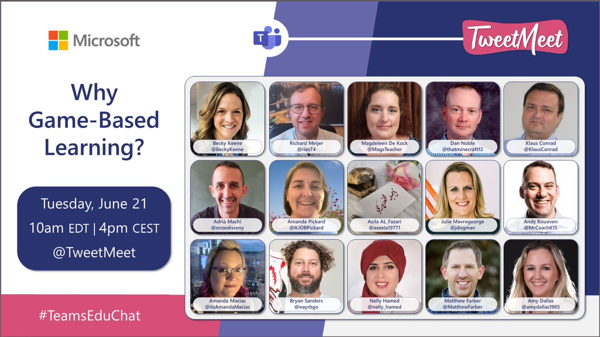 Here are the awesome cohort I am part of for this month's TweetMeet. 

Topic: Why #GameBasedLearning?

Join us for the TweetMeet on June 21.

#TeamsEduChat #GBL #TweetMeetAR
#MicrosoftTeams
#MicrosoftEDU