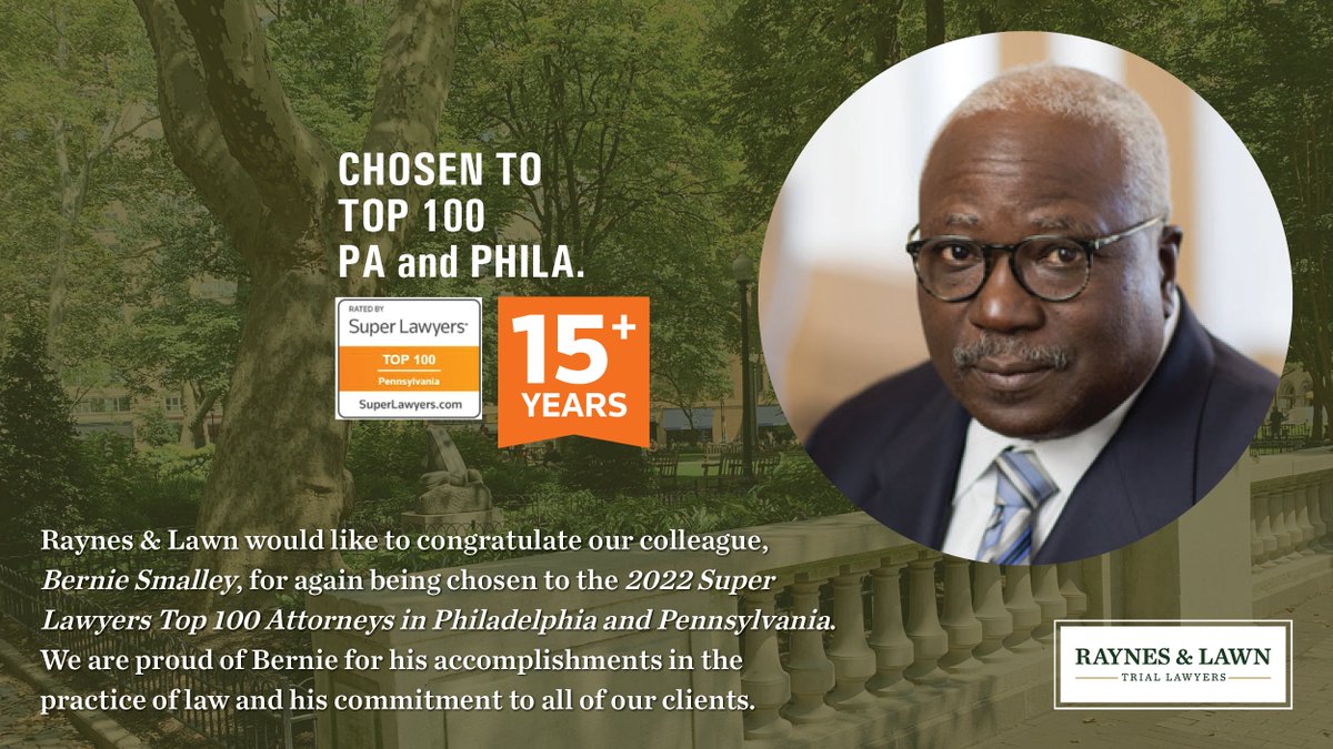 Congratulations to Bernie Smalley who was once again recognized by his peers and named to the Top One Hundred Attorneys in Philadelphia and Pennsylvania Super Lawyers list. Learn more about Bernie: rayneslaw.com/attorney/berna… 
 #SuperLawyers #InjuryAttorney #Philadelphia