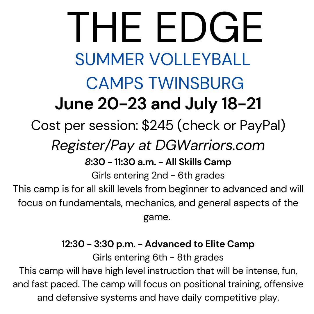 The June volleyball camp at The Edge is next week. Are you signed up yet? We are still accepting registrations for both the June and July camp. Register and pay here: 

dgwarriors.com/2022-volleybal…