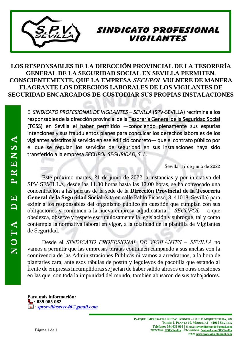 SPVSevilla's tweet photo. Los responsables de la dirección provincial de la @info_TGSS
en #Sevilla permiten que la empresa #SECUPOL vulnere los derechos laborales de los #VigilantesDeSeguridad.
#Vigilantes #Seguridad #SeguridadPrivada #NoALasEmpresasPiratas
#Permisividad #Dejación #Connivencia
🧵👇 https://t.co/mImOJXDumD