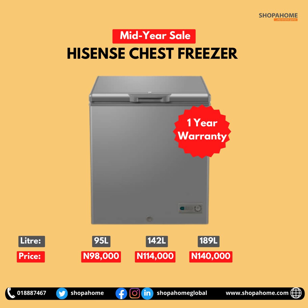 shopahome's tweet photo. Hisense Chest Freezer, up to 50% Energy Saving, 100 Hours Frozen Without Power, Fast Freezing from 4 Sides, Wide Voltage Operation.
💥1 Years Warranty
Shop now---->https://t.co/IpQLp5jM5A
Follow @shopahome
#kitchenitems #kitchenitemsnaija #kitchenitem #homeandliving #tgif https://t.co/kXjF34pESW