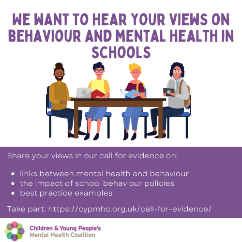 SIX days to go until the call for evidence closes for our behaviour and mental health in schools inquiry.

If you are a young person, parent/carer or a professional, then make sure you have your views heard.

Take part here: cypmhc.org.uk/call-for-evide…