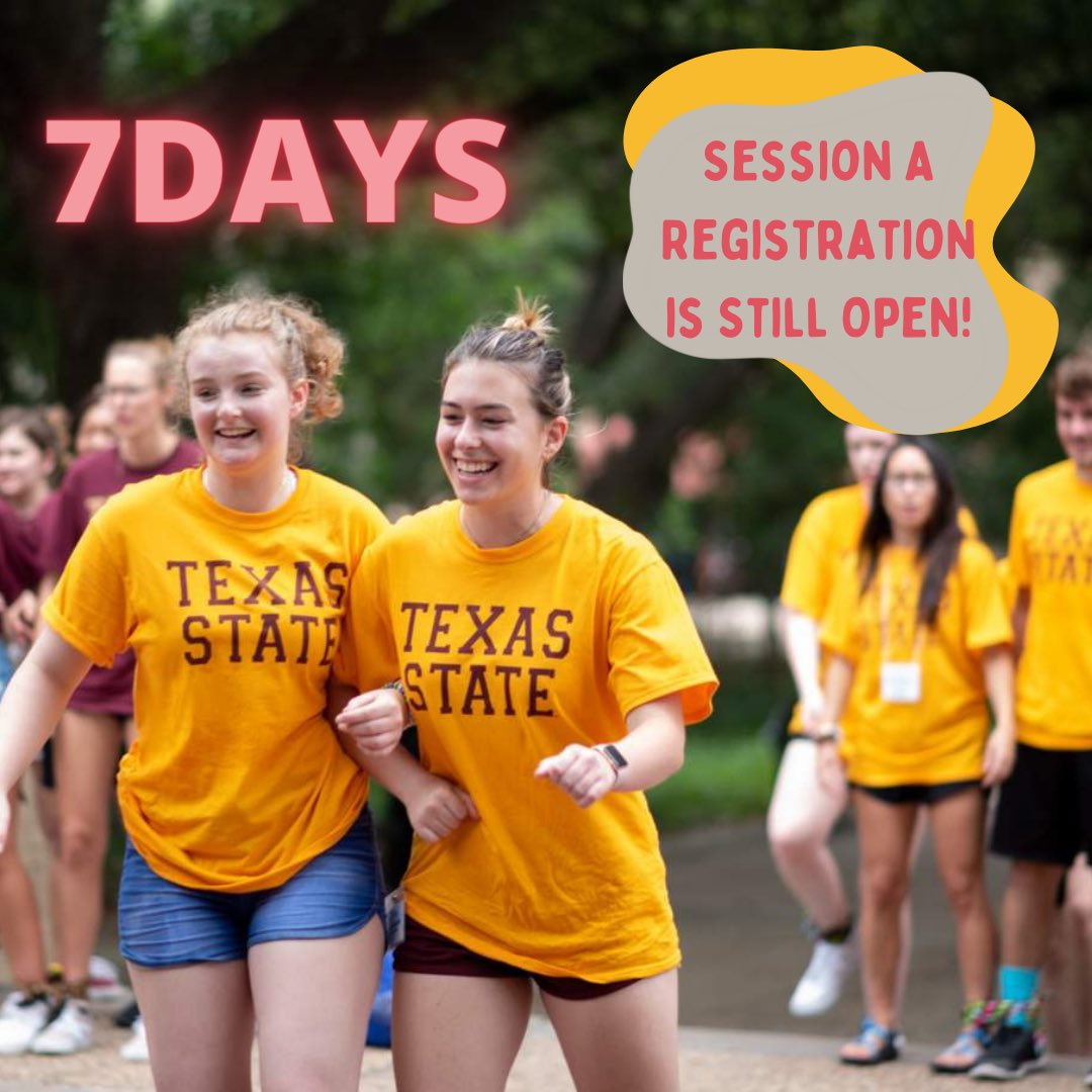 There is exactly a week left until Session A!

Looking for an opportunity to make connections that are valuable to your experience as a Bobcat? Cat Camp is loads of fun and will be a peak experience for you this summer—as per tradition! 


#TXSTnext #txst26 #txst