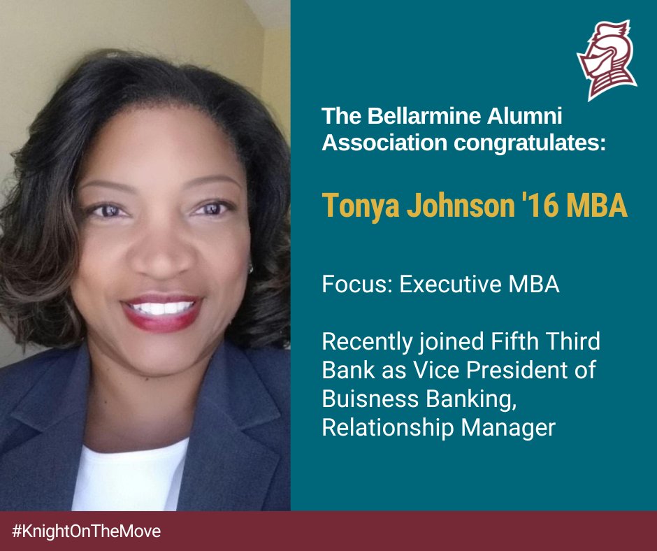 BellarmineAlum's tweet photo. Kudos to our latest #KnightOnTheMove, Tonya Johnson '16 MBA, who recently joined Fifth Third Bank as Vice President of Business Banking, Relationship Manager. Congratulations Tonya! Your alma mater loves watching you shine. 

#KnightsGetHired #BellarmineAlumni #GoKnights https://t.co/B73pt81BLc