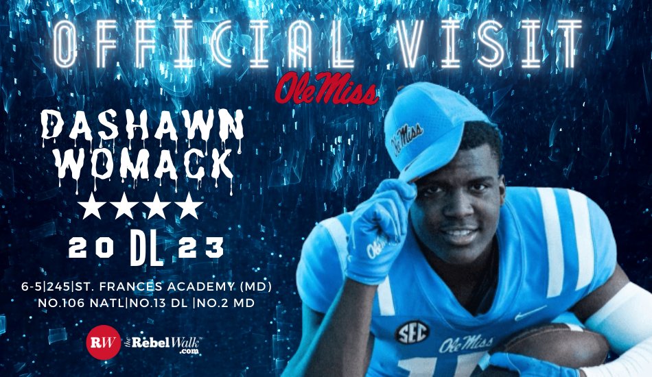 LeeAnnHerringOM's tweet photo. The Rebels will host elite '23 defensive end @womxck15 out of St. Frances Academy (MD) for an OV this weekend. Ole Miss along with Maryland, LSU, Oregon, and UGA remains in the hunt for the No. 2 ATH out of Maryland. We will have all coverage over @TheRebelWalk. #PlaymakerParty https://t.co/tiziGLz7h9