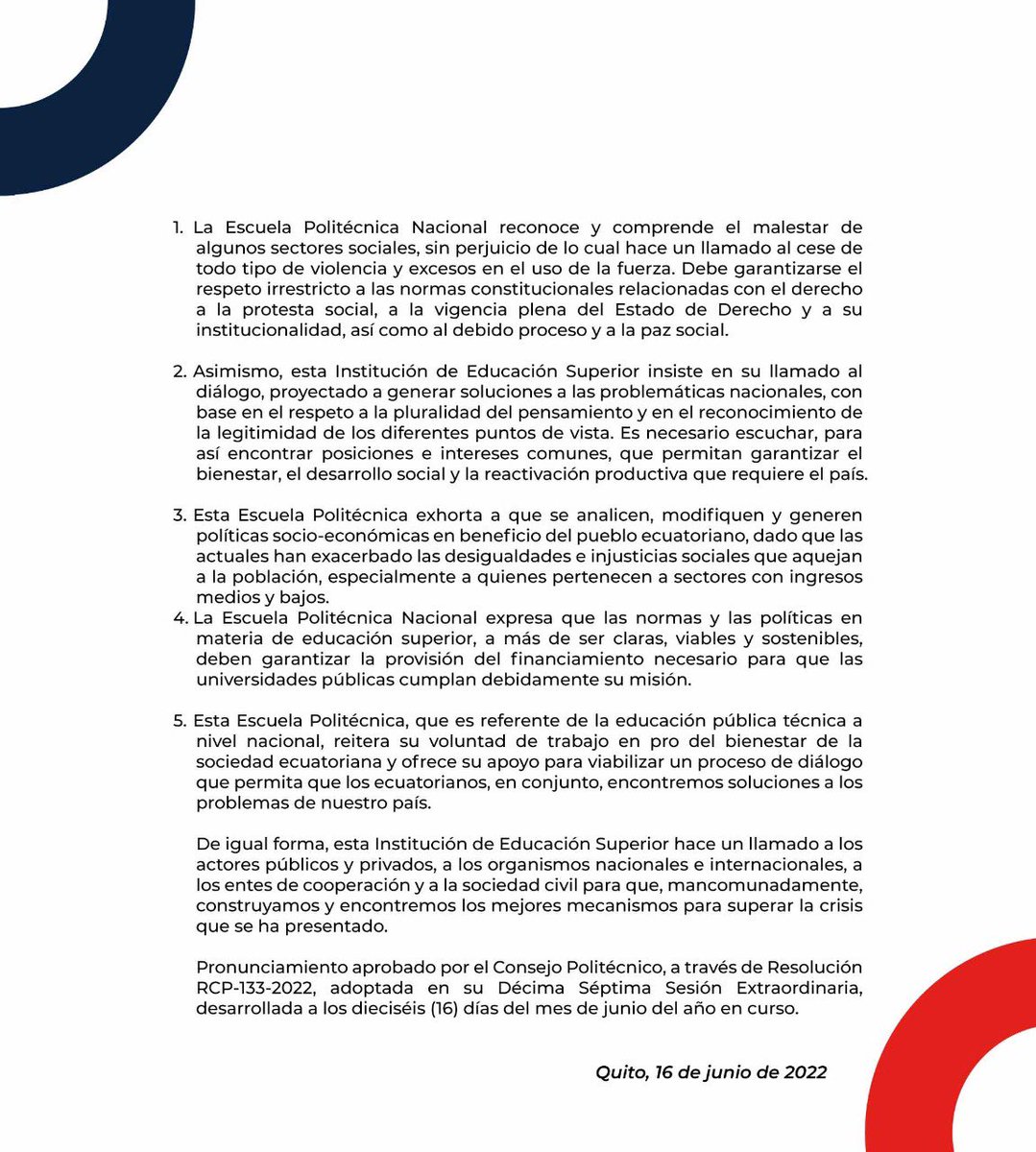 PRONUNCIAMIENTO | El Consejo Politécnico, máximo organismo de la #EPN, reconoce el malestar de algunos sectores sociales, llama a la paz y al diálogo, exhorta a analizar y modificar las políticas socio-económicas, entre otros puntos. 

#ParoNacionalEc2022