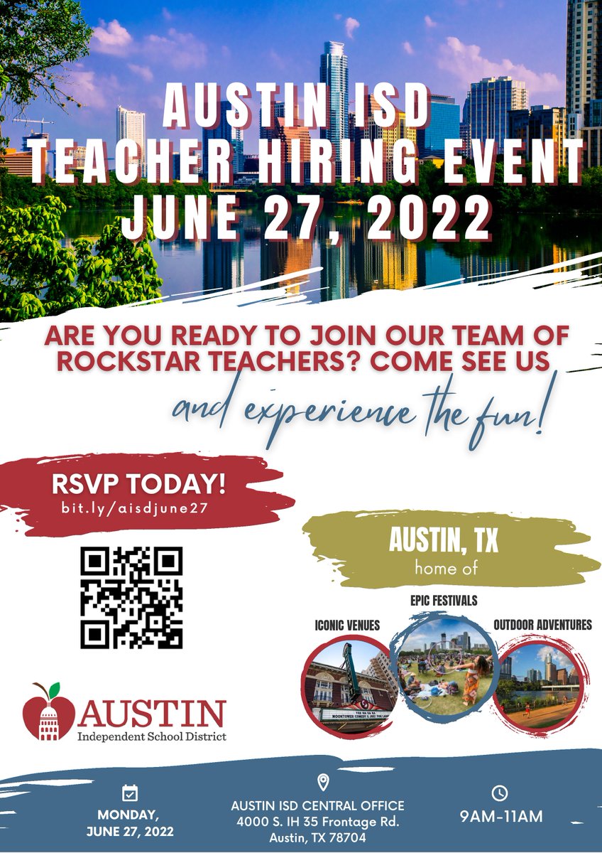AustinISD's tweet photo. Join us for the Austin ISD Teacher Job Fair on Monday, June 27 at Austin ISD Central Office (4000 S. I-H 35 Frontage Rd., Austin, TX 78704) from 9:00-11:00 a.m.

RSPV: https://t.co/CQ9HUlDXnk

More information: https://t.co/Uv0xl9snAe

@WeAreAISD https://t.co/Eky7IK4JbF