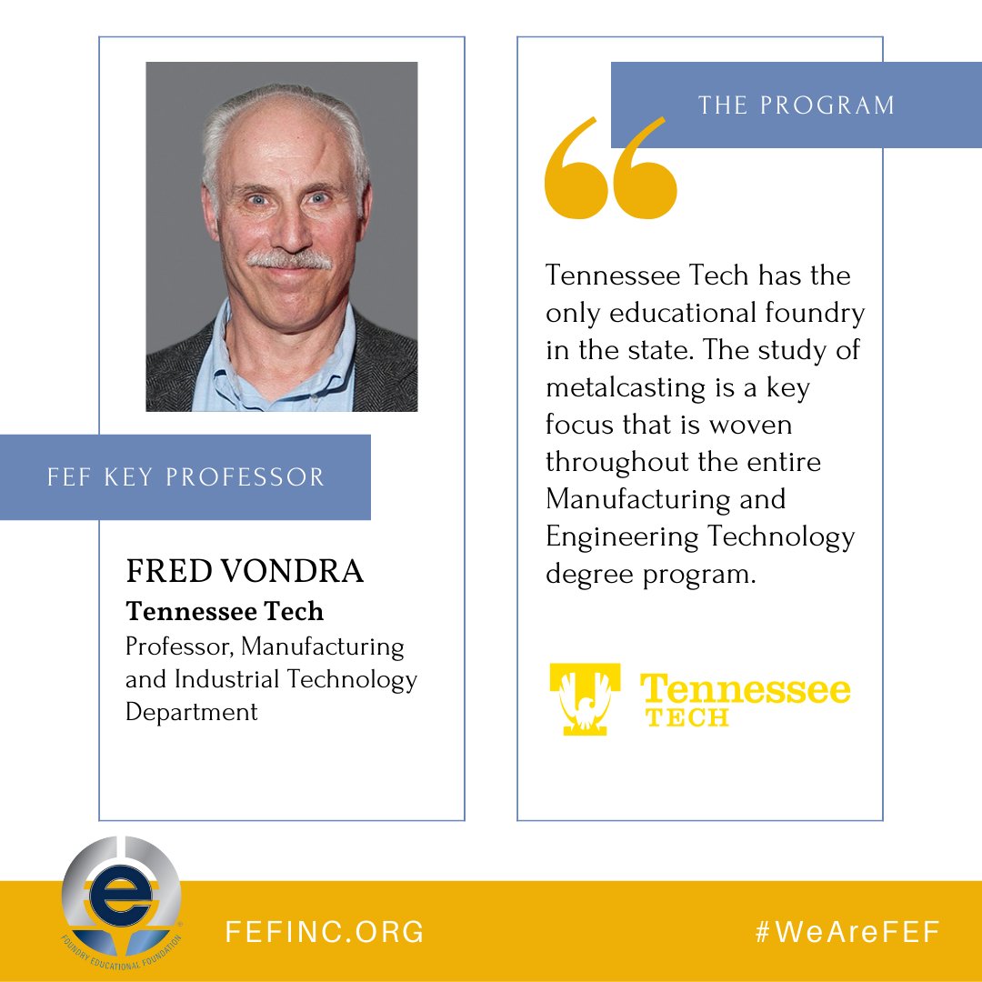 FEF_INC's tweet photo. Did you know? Tennessee Tech (@tennesseetech) has the only educational foundry in the state!
FEF Key Professor, Fred Vondra, shares how the program meets the needs of the community through focused #Metalcasting education and practice.
#75Years #WeAreFEF #FutureOfFoundry https://t.co/rsenr8XZll