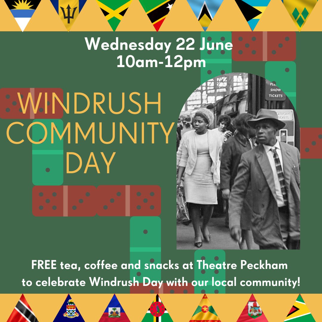 TheatrePeckham's tweet photo. Theatre Peckham will be celebrating Windrush Day on Wednesday 22 June, in our foyer from 10am.
There will be free refreshments and drinks as well as dominoes music and much more.
Our doors are open to all, so pop in and join us for a morning of celebration and community! https://t.co/BptCB4l7P6