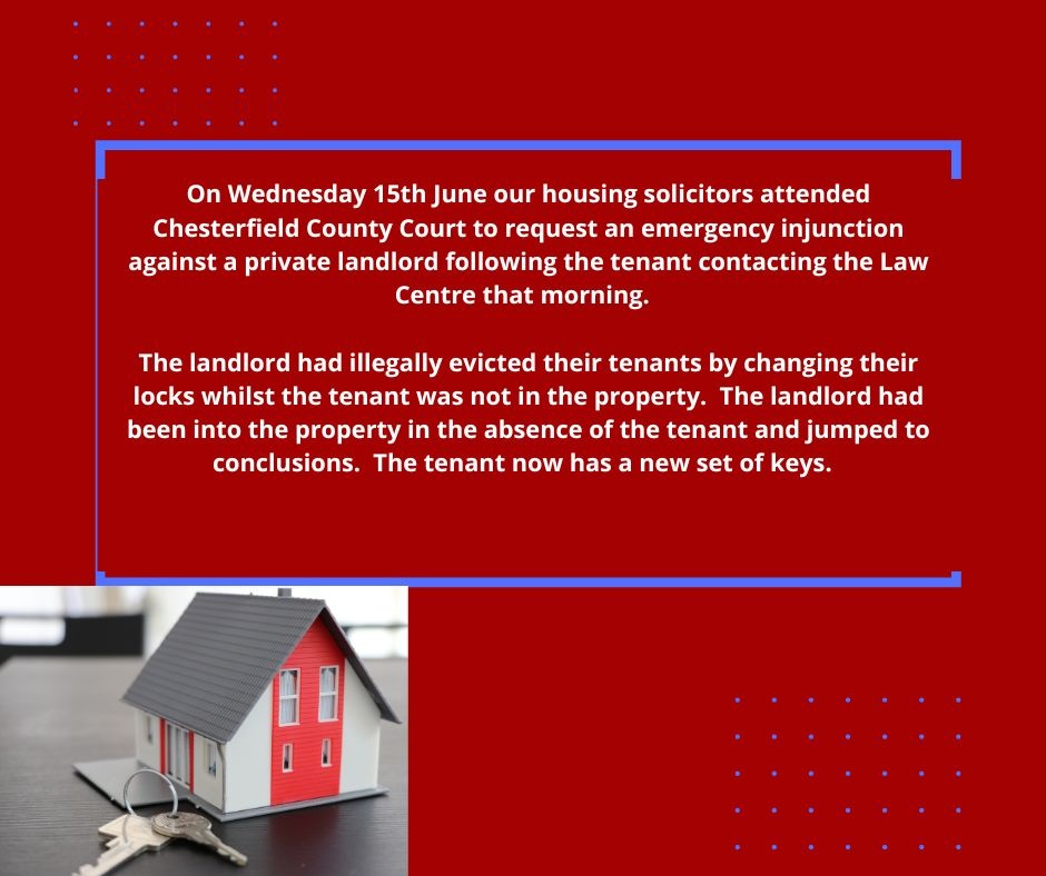 DerbyshireLC's tweet photo. Well Done Housing Team.

For advice contact us via:
Telephone: 01246 550674
Freephone: 0800 707 6996
Text: 07781 482 826
E-mail - dlc@derbyshirelawcentre.org.uk 

#housing #courtinjunction #lawcentres https://t.co/jLlSYBLWKC
