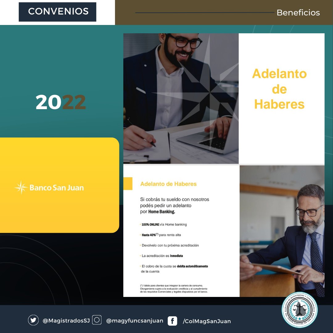 MagistradosSJ's tweet photo. .
#BENEFICIOS #NOVEDADES
#Asociate #magistradosyFuncionarios
#SanJuanArgentina
Banco San Juan
https://t.co/CBWDNkzwAi
Beneficio exclusivo para  Asociadas/os del Colegio de Magistrados y Funcionarios del Poder Judicial de San Juan.

Márketing Digital
@prestigiasocialmedia https://t.co/9WLQ30KbxG