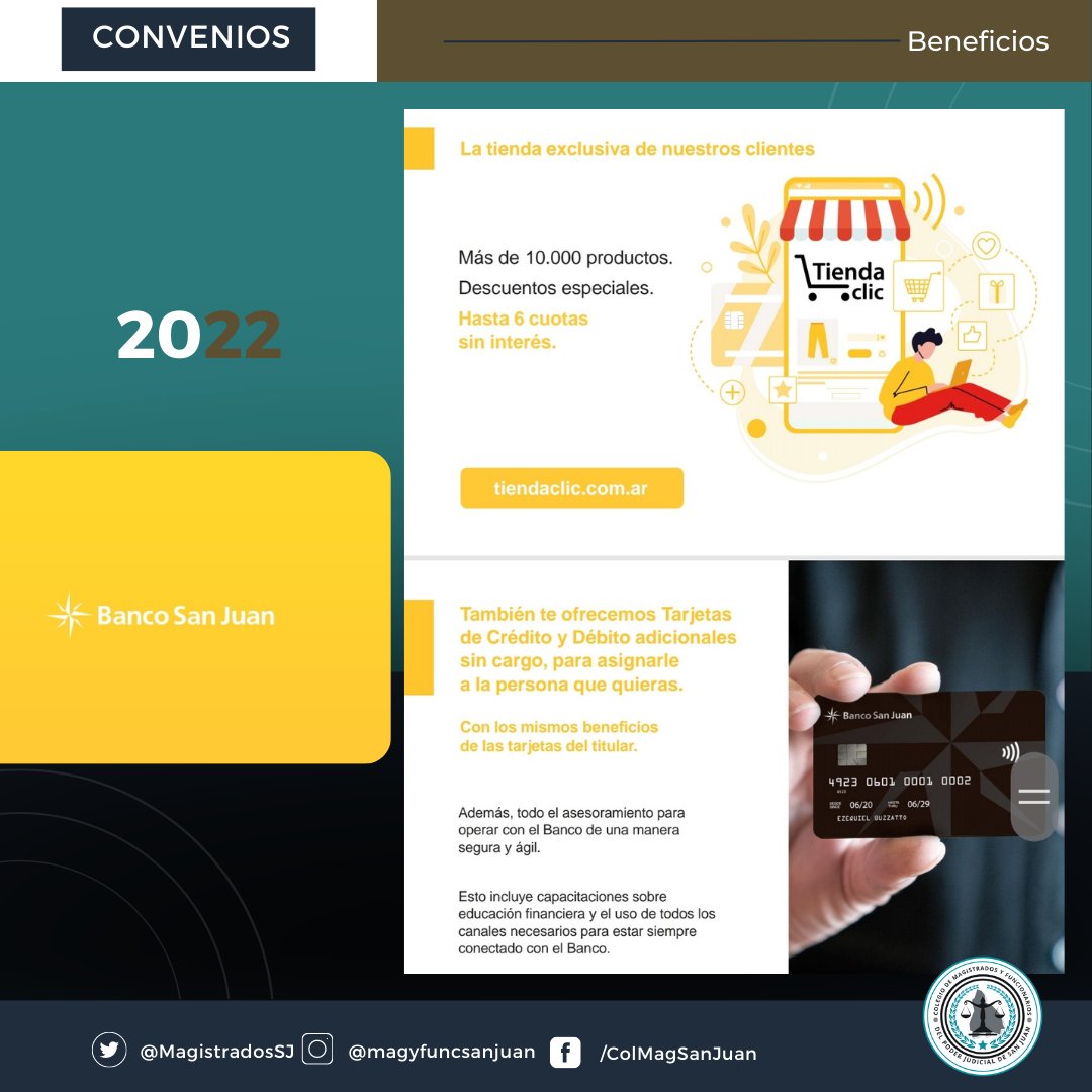 MagistradosSJ's tweet photo. .
#BENEFICIOS #NOVEDADES
#Asociate #magistradosyFuncionarios
#SanJuanArgentina
Banco San Juan
https://t.co/CBWDNkzwAi
Beneficio exclusivo para  Asociadas/os del Colegio de Magistrados y Funcionarios del Poder Judicial de San Juan.

Márketing Digital
@prestigiasocialmedia https://t.co/9WLQ30KbxG