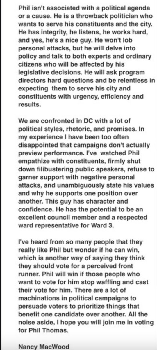 AlexKomaDC's tweet photo. A small news tidbit in Ward 3: ANC Nancy MacWood is backing @PhilForWard3DC. 

She’s an influential voice in old-guard Cleveland Park circles, close to Phil Mendelson and generally pretty development-skeptical. Notable as we get to the race’s final days. Her note to the listserv: https://t.co/9lpQcuRcaC