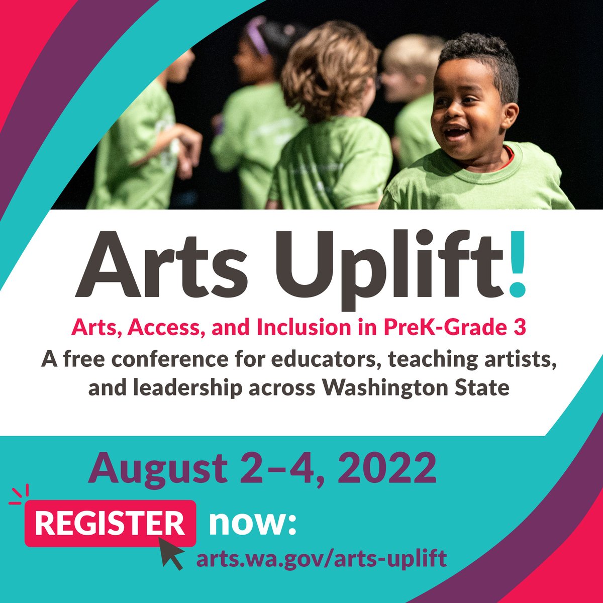 📣 The 2022 Arts Uplift conference is now open for registration!

This FREE virtual conference is for educators, teaching artists, and leadership across Washington State.

📆 August 2 - 4, 2022, 9:00 a.m. - 1:45 p.m.
👉🏽 Learn more &amp; register: us06web.zoom.us/meeting/regist…