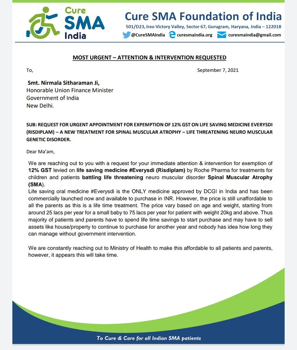 curesmaindia's tweet photo. @nsitharamanoffc @FinMinIndia @GST_Council @PIB_India Dear ma'am @nsitharaman. V rqst u 2 pls take up 12% GST waiver on life saving drug #Evrysdi by @Roche 4 #spinalmuscularatrophy apprvd by @CDSCO_INDIA_INF @drvgsomani. V've been writing 2 @cbic_india @GST_Council @FinMinIndia @Pharmadept @MoHFW_INDIA @mansukhmandviya yet waiting. https://t.co/iRcaq85n9f