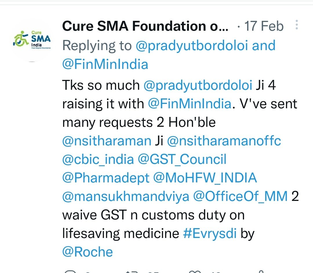 curesmaindia's tweet photo. @nsitharamanoffc @FinMinIndia @GST_Council @PIB_India Dear ma'am @nsitharaman. V rqst u 2 pls take up 12% GST waiver on life saving drug #Evrysdi by @Roche 4 #spinalmuscularatrophy apprvd by @CDSCO_INDIA_INF @drvgsomani. V've been writing 2 @cbic_india @GST_Council @FinMinIndia @Pharmadept @MoHFW_INDIA @mansukhmandviya yet waiting. https://t.co/iRcaq85n9f